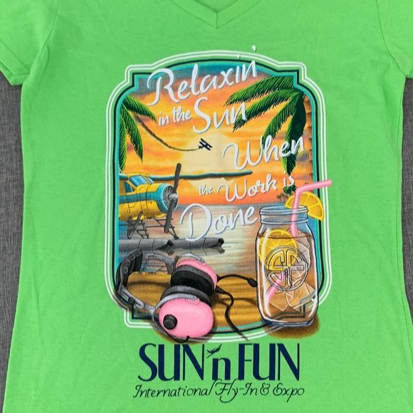 Gildan Heavy Cotton Neon Green Graphic T-Shirt Small V-Neck "Relaxin in the Sun - Picture 2 of 13